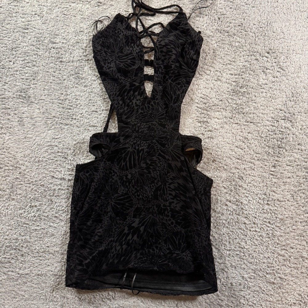 Windsor Dress XS Black Velvet Butterfly Burnout Halter Cutout Mini